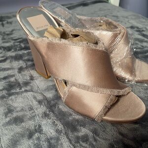 Dolce Vita Satin Block Heel Mules in Tan